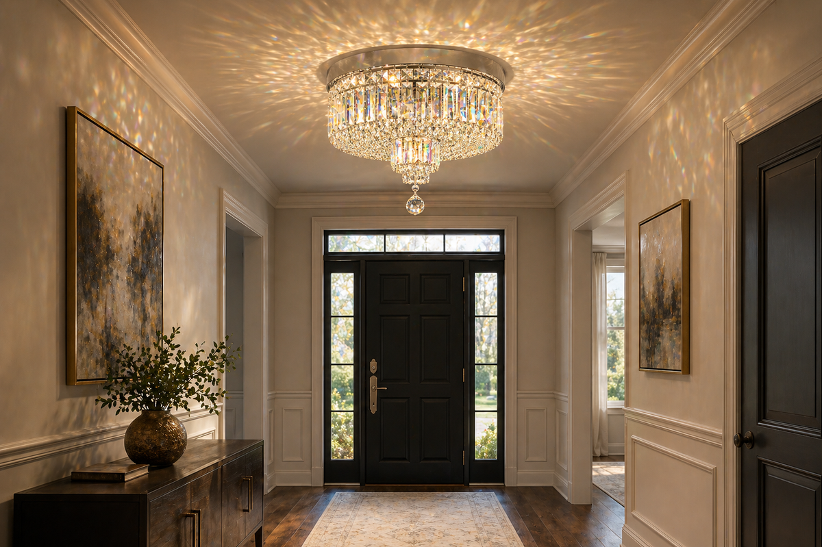 Round Asfour Crystal Flush Mount Chandelier – 6-Light Low Ceiling Bedroom & Living Room Light