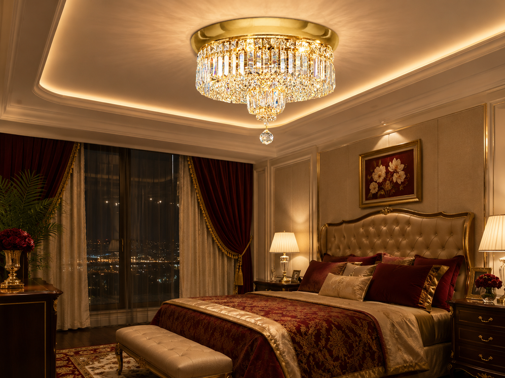 Round Asfour Crystal Flush Mount Chandelier – 6-Light Low Ceiling Bedroom & Living Room Light