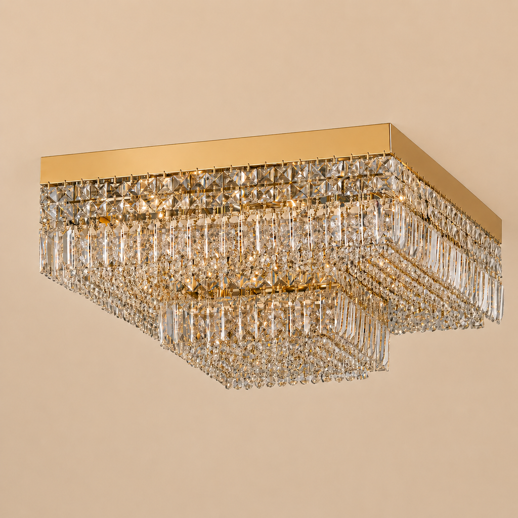Square Asfour Crystal Flush Mount Chandelier – 9-Light Low Ceiling Living Room & Bedroom Light