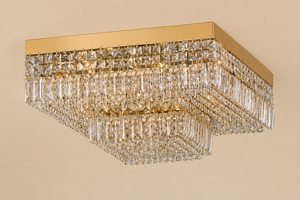 Square Asfour Crystal Flush Mount Chandelier – 9-Light Low Ceiling Living Room & Bedroom Light