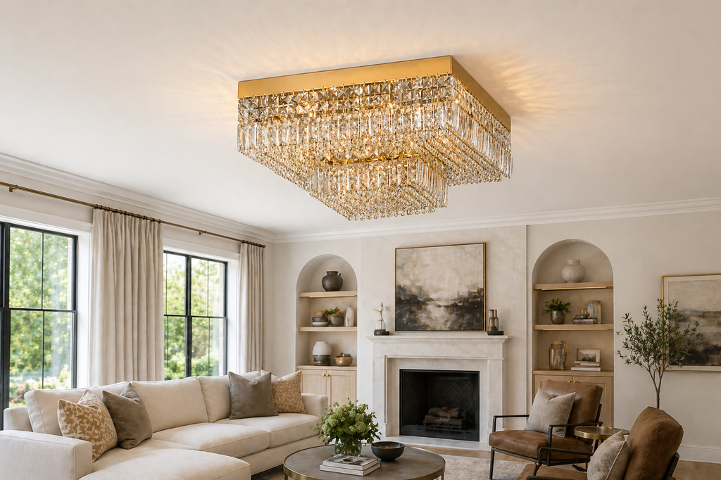 Square Asfour Crystal Flush Mount Chandelier – 9-Light Low Ceiling Living Room & Bedroom Light