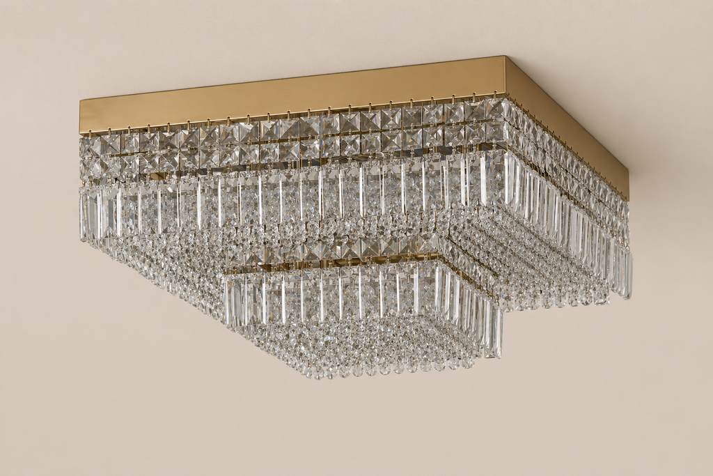 Square Asfour Crystal Flush Mount Chandelier – 9-Light Low Ceiling Living Room & Bedroom Light