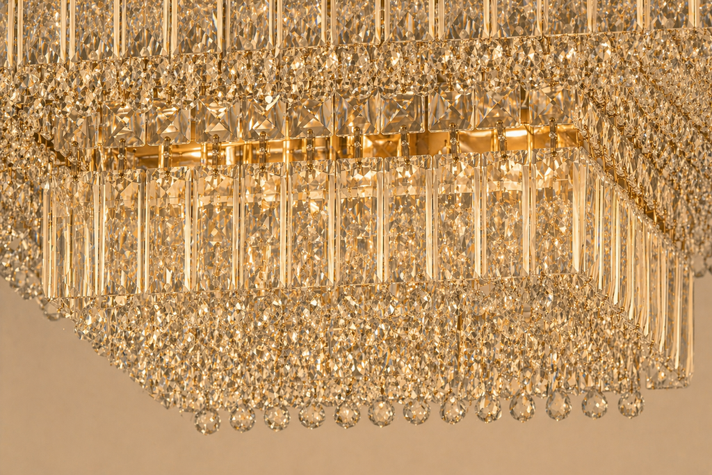 Square Asfour Crystal Flush Mount Chandelier – 9-Light Low Ceiling Living Room & Bedroom Light
