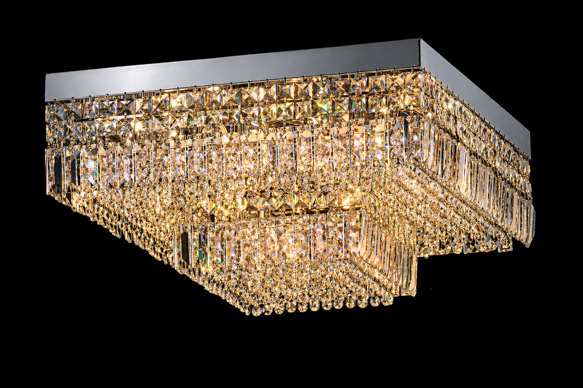 Square Asfour Crystal Flush Mount Chandelier – 9-Light Low Ceiling Living Room & Bedroom Light