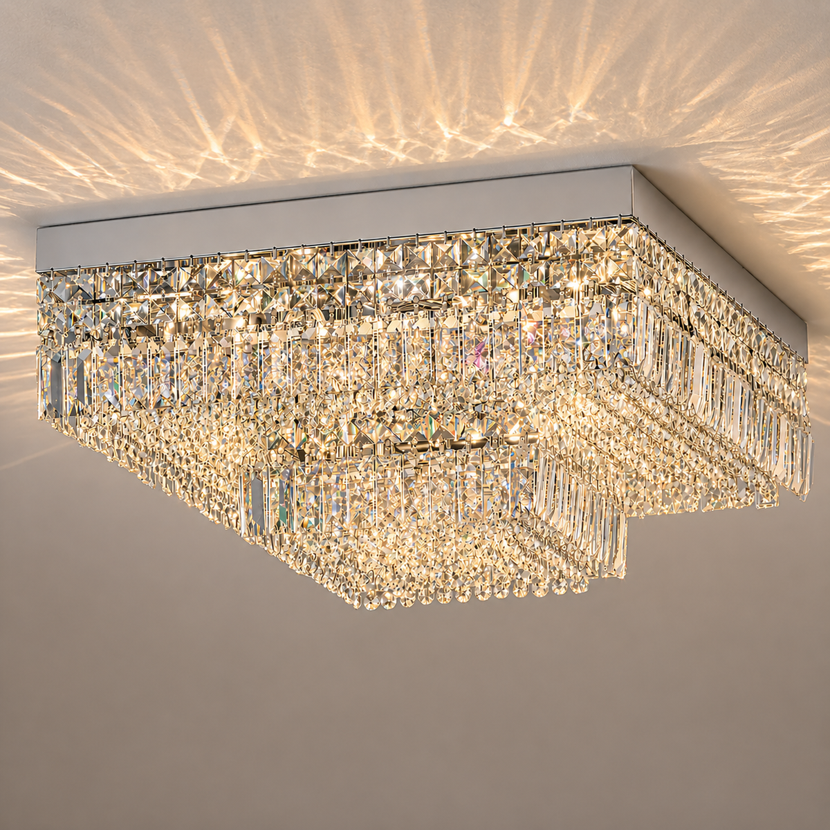Square Asfour Crystal Flush Mount Chandelier – 9-Light Low Ceiling Living Room & Bedroom Light