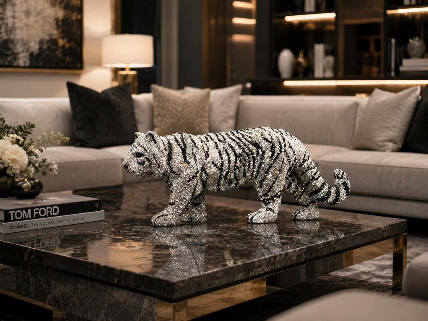 Asfour Crystal White Tiger Sculpture – Hand-Encrusted Decorative Figurine & Home Accent