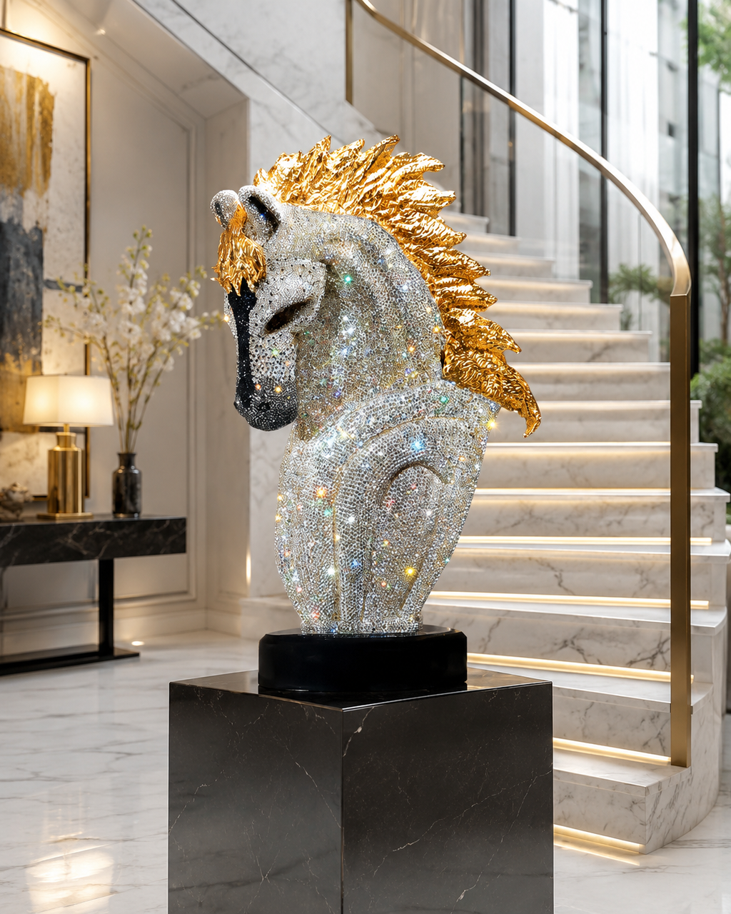Asfour Crystal Arabian Horse Stallion Bust Sculpture – 24K Gold Mane Decorative Statue