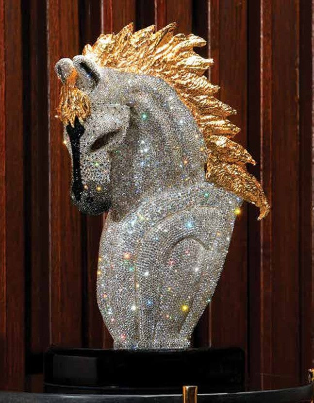 Asfour Crystal Arabian Horse Stallion Bust Sculpture – 24K Gold Mane Decorative Statue