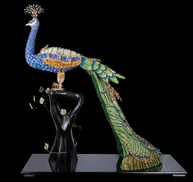 Crystal-Encrusted Peacock Sculpture, Decorative Home Accent Statue