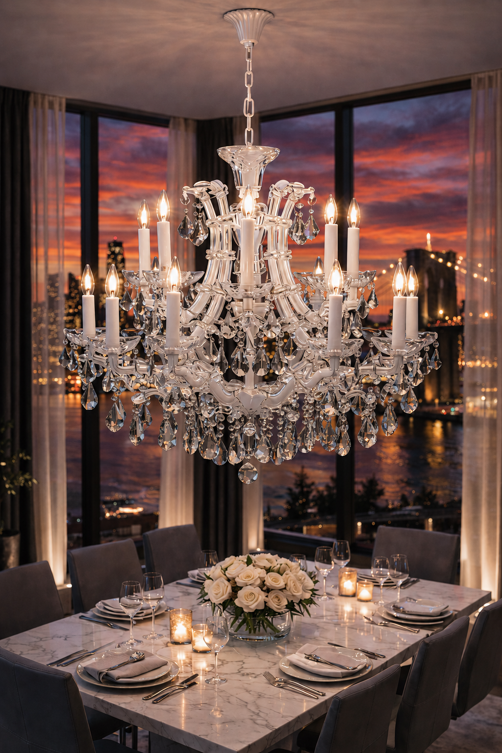 Maria Theresa Asfour Crystal Chandelier – 16-Light Arctic White & Satin Silver Dining Room Light