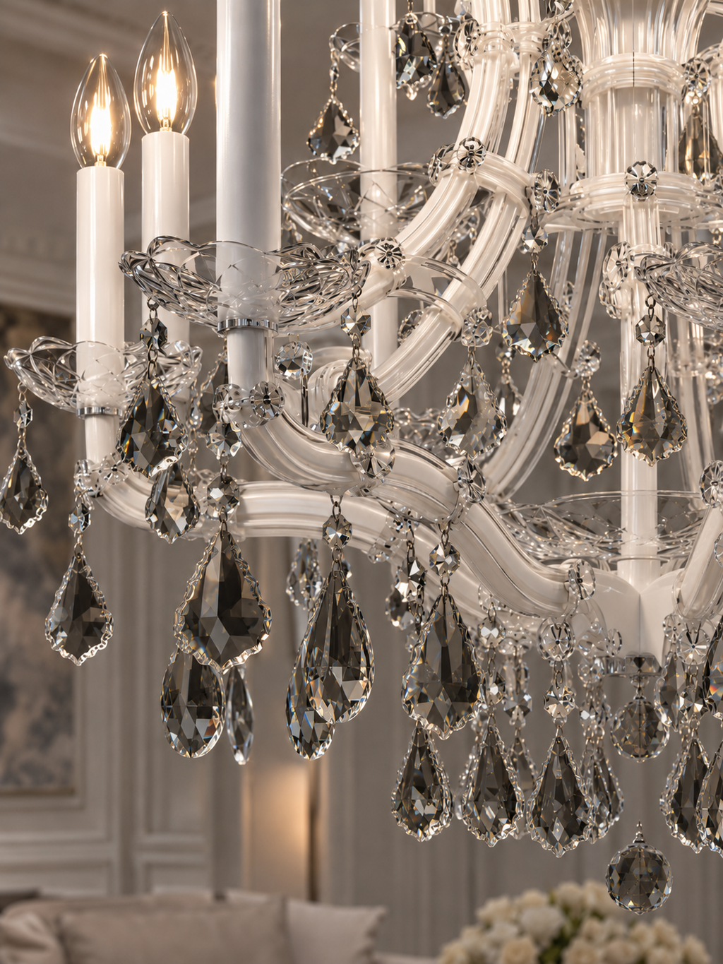 Maria Theresa Asfour Crystal Chandelier – 16-Light Arctic White & Satin Silver Dining Room Light