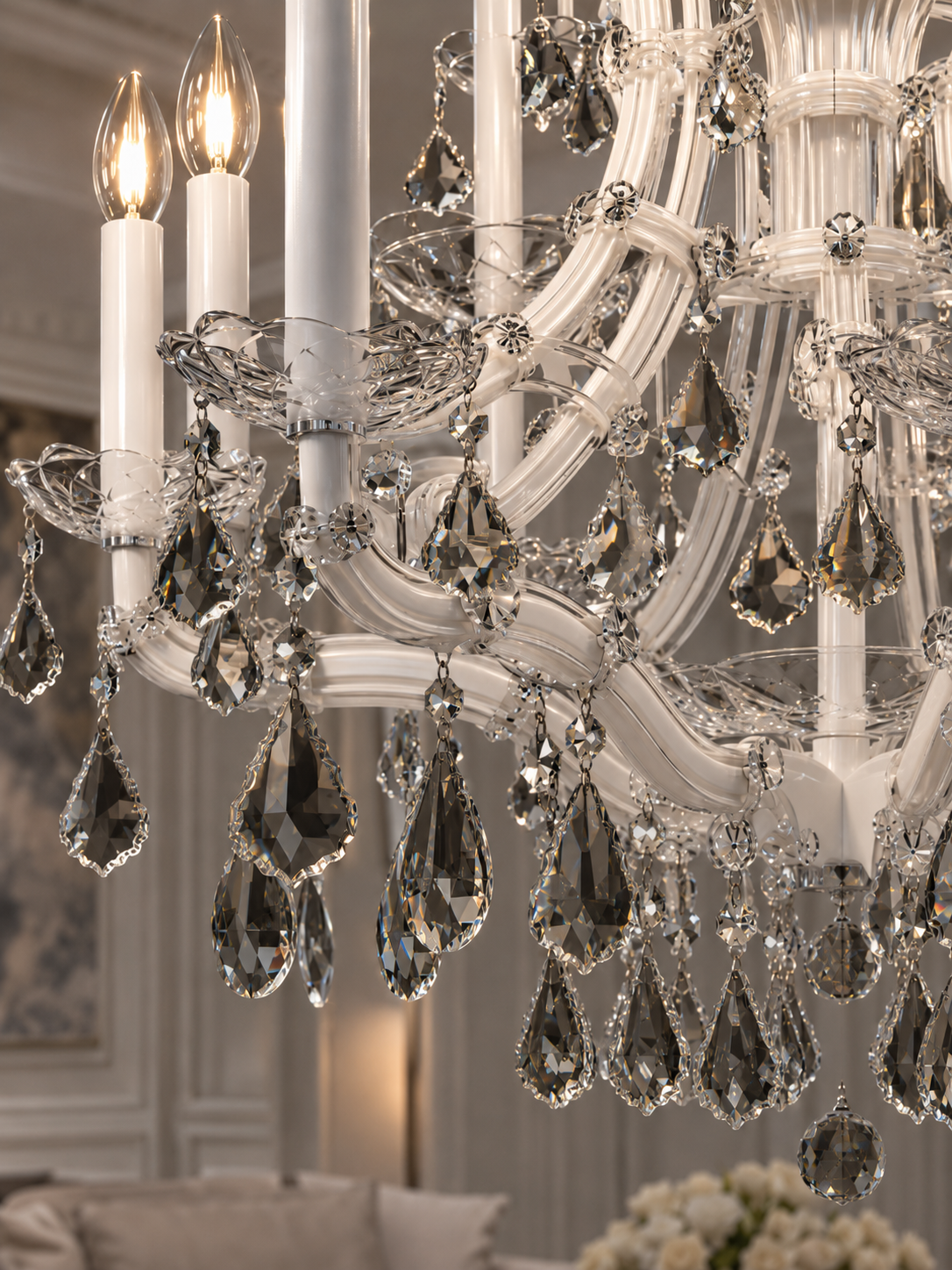 Maria Theresa Asfour Crystal Chandelier – 16-Light Arctic White & Satin Silver Dining Room Light