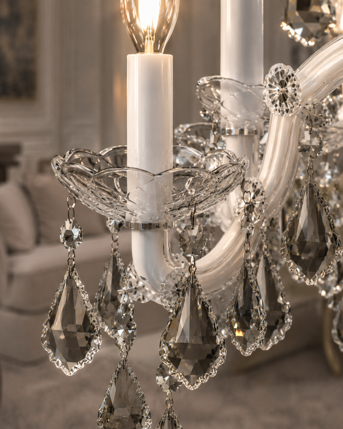 Maria Theresa Asfour Crystal Chandelier – 16-Light Arctic White & Satin Silver Dining Room Light