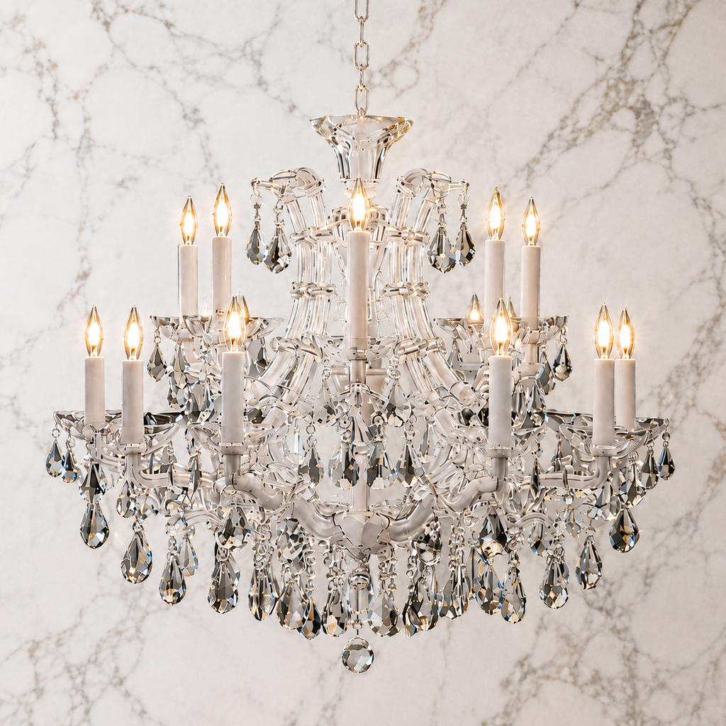 Maria Theresa Asfour Crystal Chandelier – 16-Light Arctic White & Satin Silver Dining Room Light
