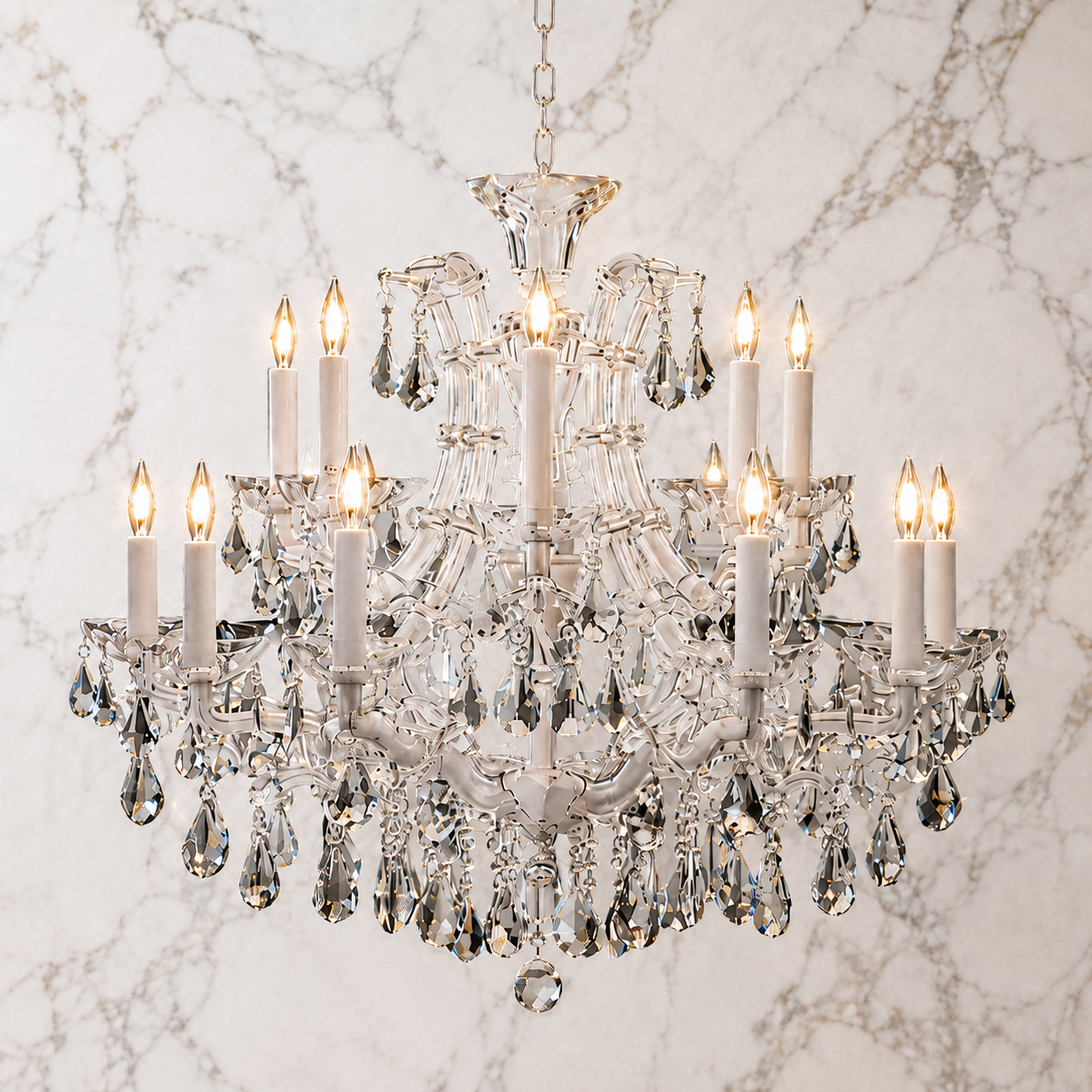 Maria Theresa Asfour Crystal Chandelier – 16-Light Arctic White & Satin Silver Dining Room Light