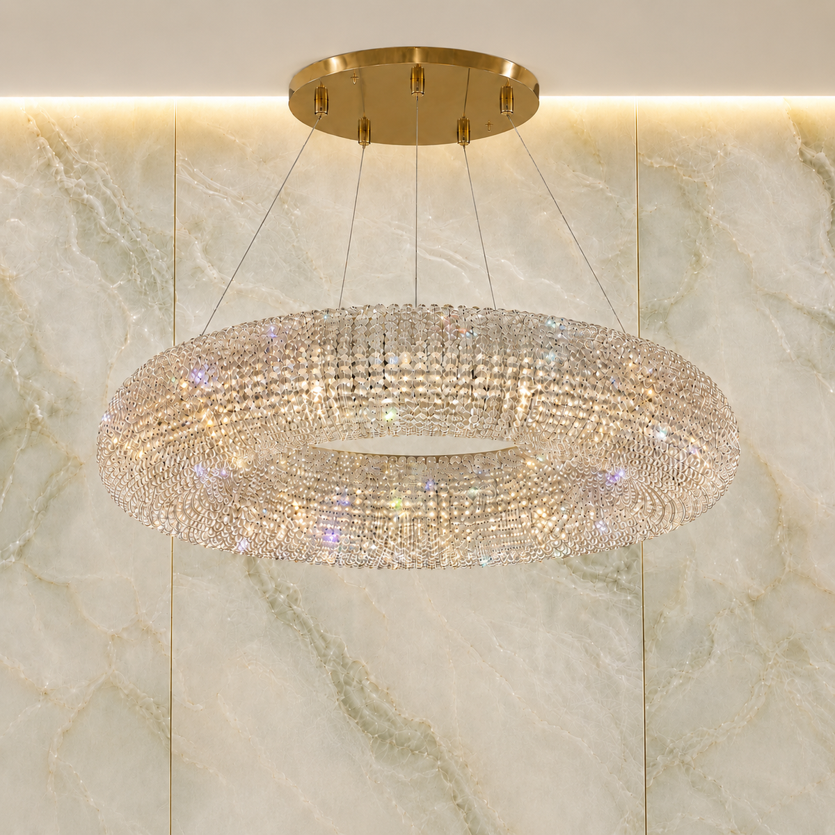 Asfour Crystal Bead Chandelier, 8-Light Warm Brass Dining Room Fixture