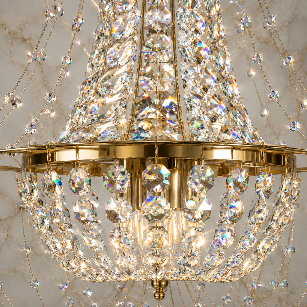 Asfour Crystal Basket Chandelier – 8-Light Warm Brass Dining Room & Entryway Light