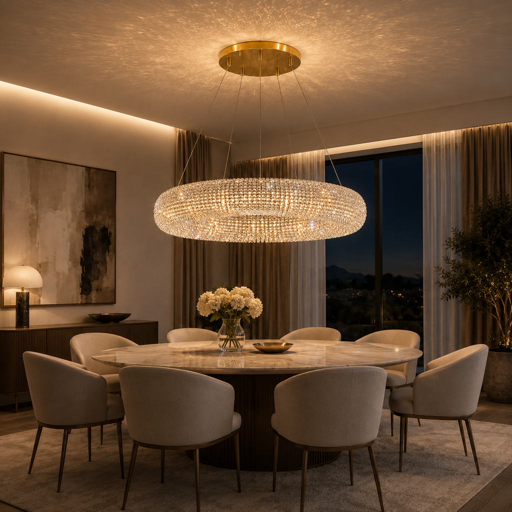 Asfour Crystal Bead Chandelier, 8-Light Warm Brass Dining Room Fixture