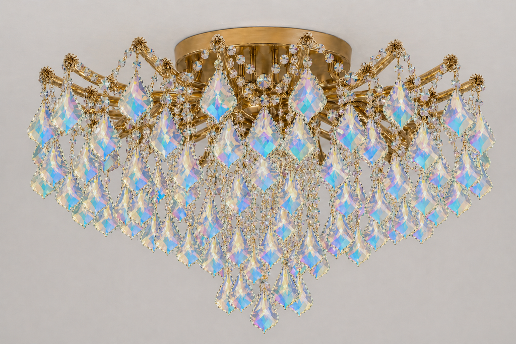 Maria Theresa Asfour Crystal Flush Mount Chandelier – 8-Light Low Ceiling Living Room & Bedroom Light