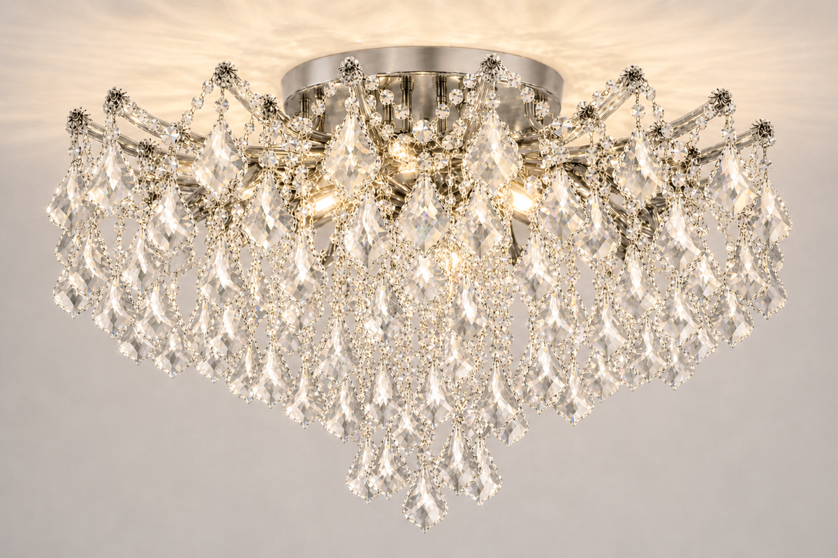 Maria Theresa Asfour Crystal Flush Mount Chandelier – 8-Light Low Ceiling Living Room & Bedroom Light