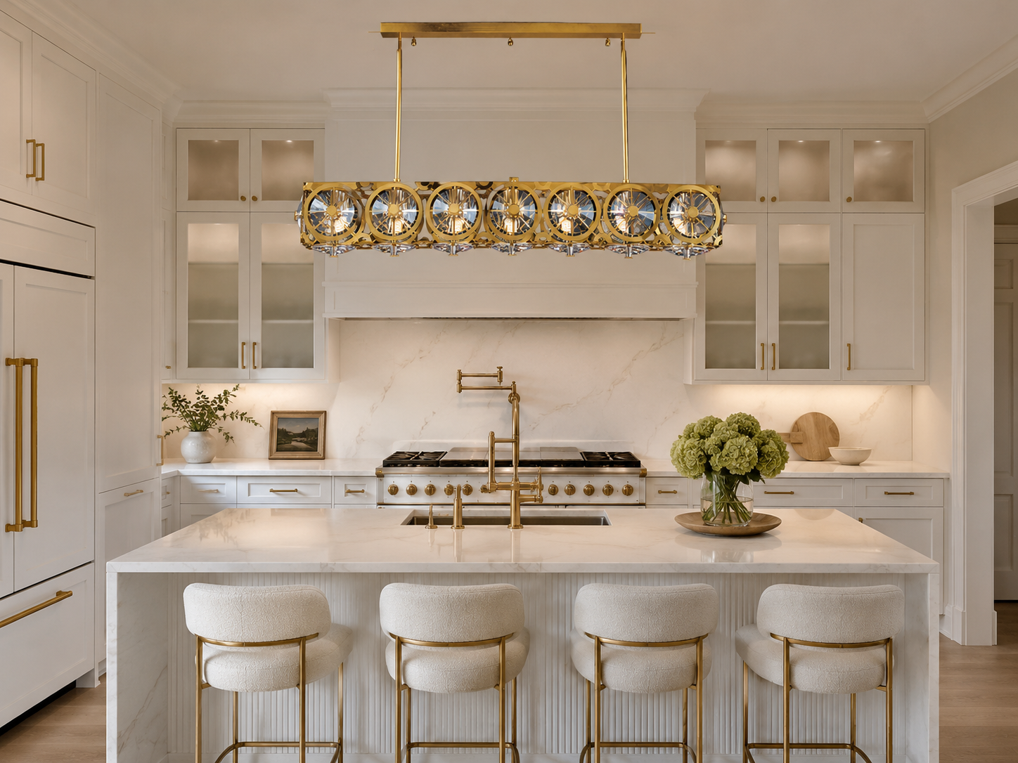 Asfour Crystal Linear Chandelier – 7-Light Warm Brass Kitchen Island & Dining Room Light