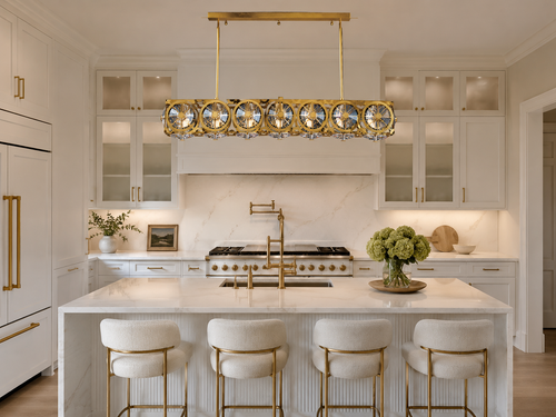 Asfour Crystal Linear Chandelier – 7-Light Warm Brass Kitchen Island & Dining Room Light