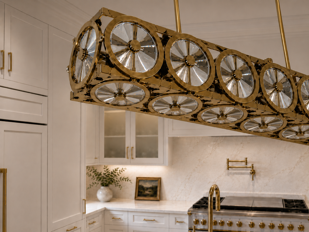 Asfour Crystal Linear Chandelier – 7-Light Warm Brass Kitchen Island & Dining Room Light