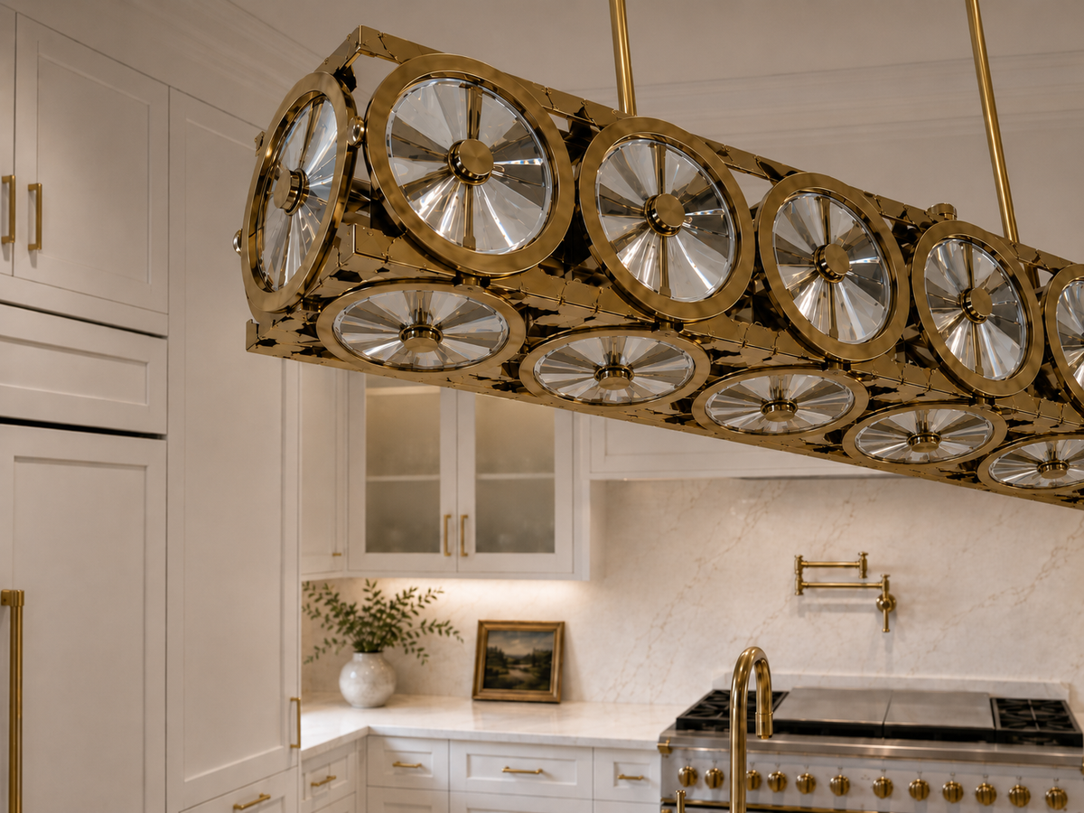 Asfour Crystal Linear Chandelier – 7-Light Warm Brass Kitchen Island & Dining Room Light