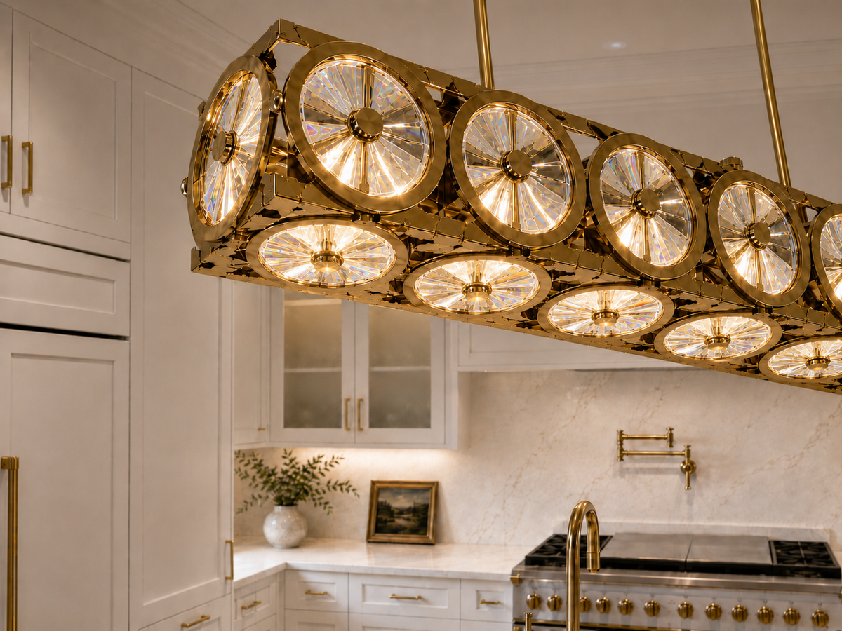 Asfour Crystal Linear Chandelier – 7-Light Warm Brass Kitchen Island & Dining Room Light