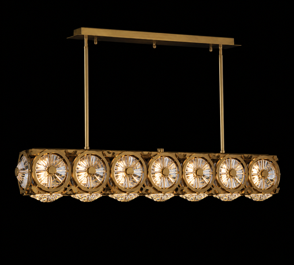 Asfour Crystal Linear Chandelier – 7-Light Warm Brass Kitchen Island & Dining Room Light