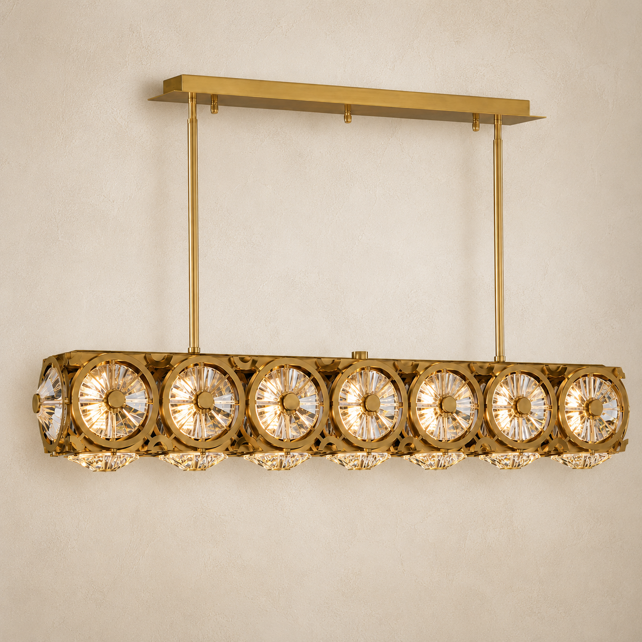 Asfour Crystal Linear Chandelier – 7-Light Warm Brass Kitchen Island & Dining Room Light