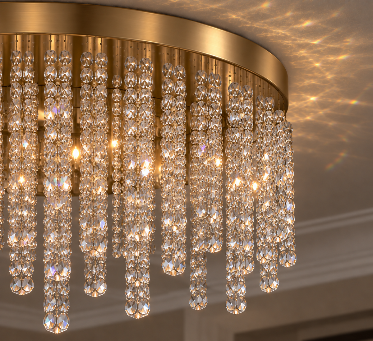 Close-up of clear octagon crystal strands on the Snowfall Flushmount