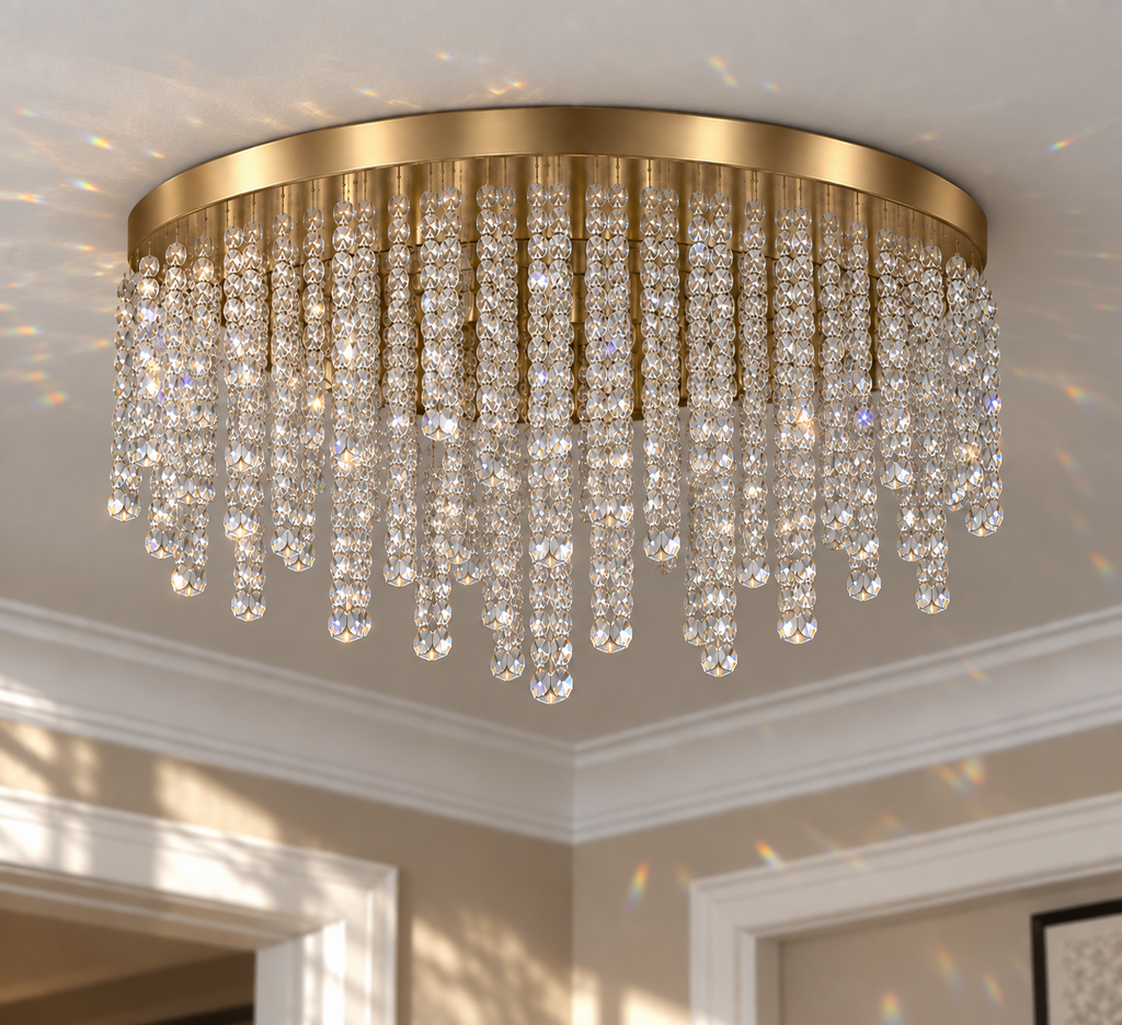 Detail of warm brass frame and clear crystal strands