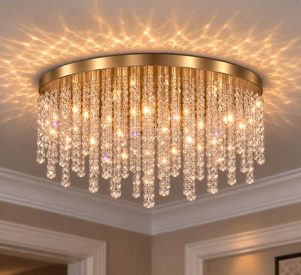Snowfall Asfour crystal flush mount chandelier in warm brass with illuminated clear octagon crystals
