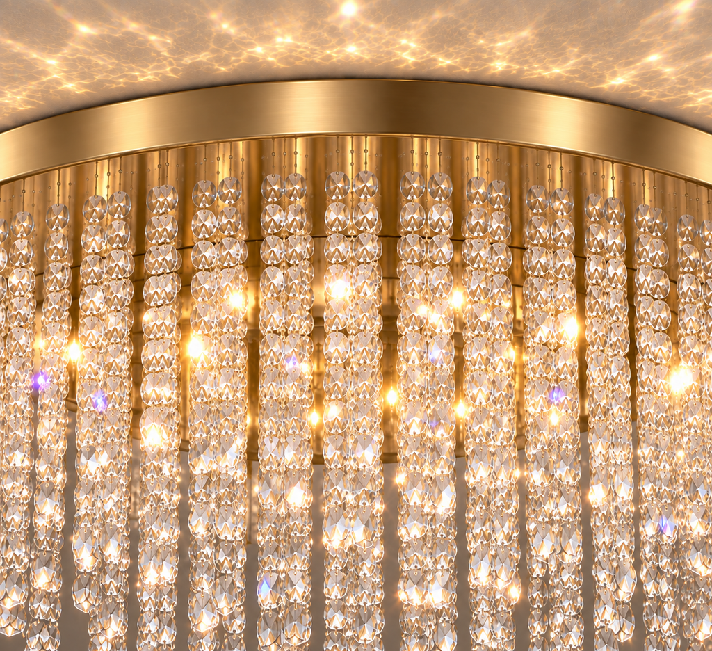 Snowfall Flushmount with clear 8-facet octagon crystals and warm brass finish