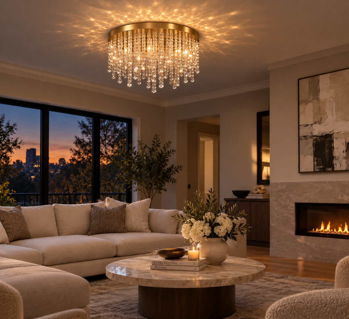 Snowfall Flushmount in warm brass installed in a contemporary living room
